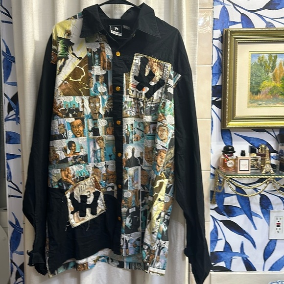 Men’s Johnny Handsome Black Button Up Comic Book Embellished French Cuff Shirt - Picture 1 of 9